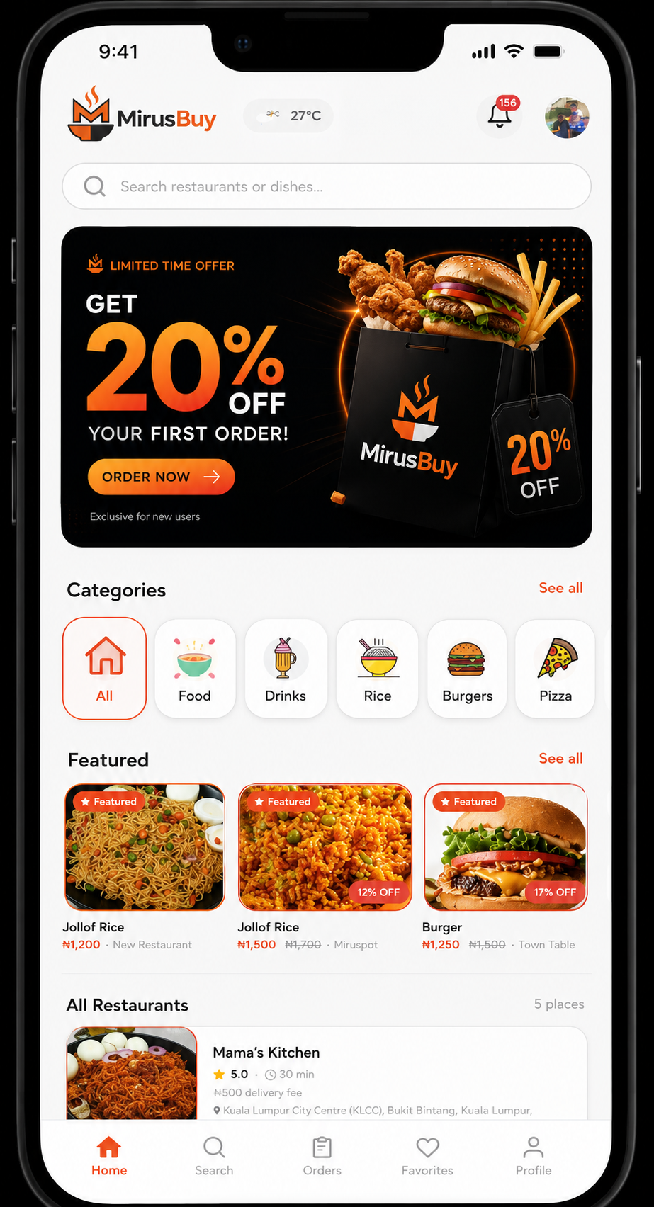 MirusBuy app home screen showing nearby restaurants